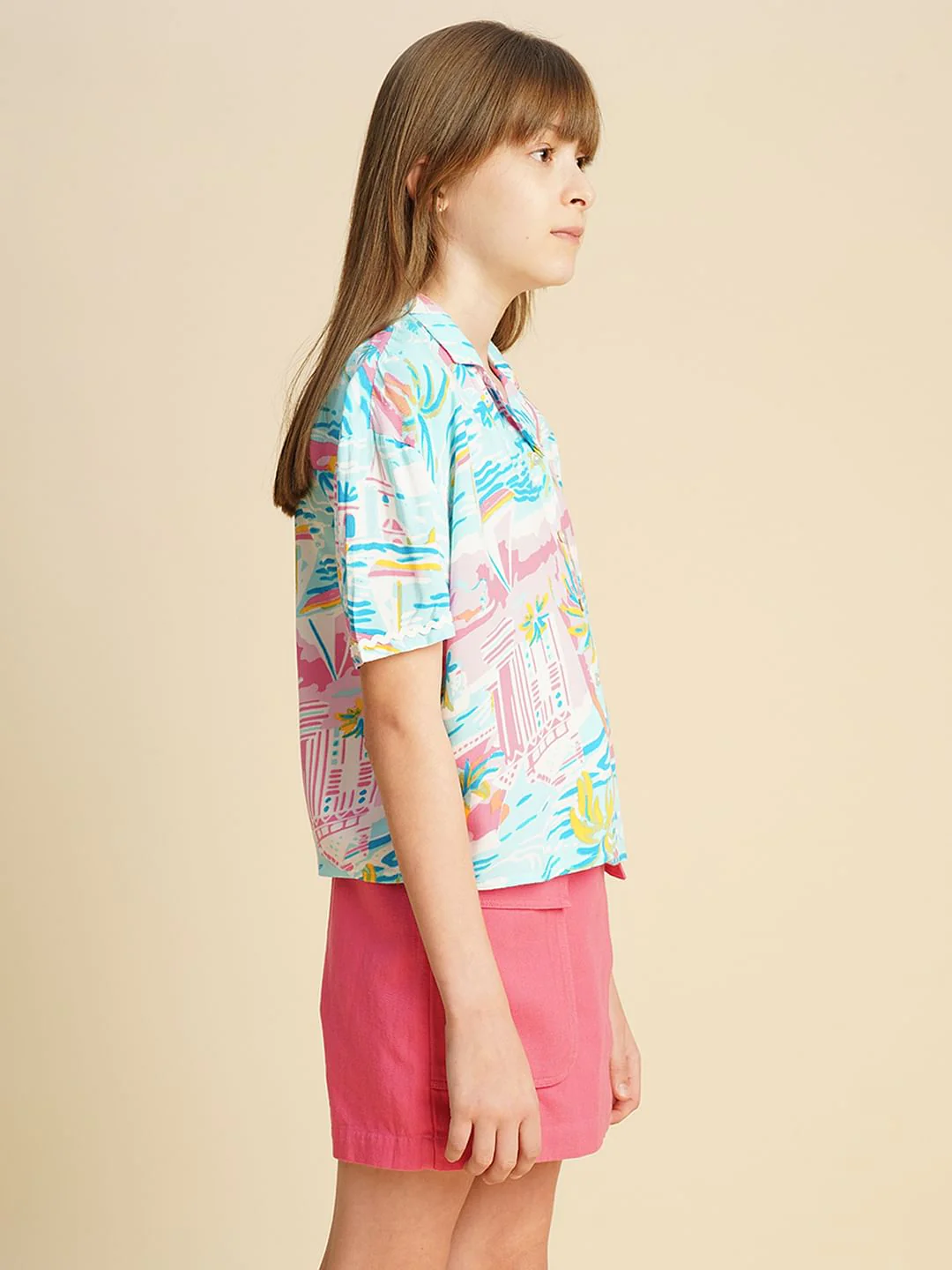 Girls Blue Printed Viscose Shirt - Image 2
