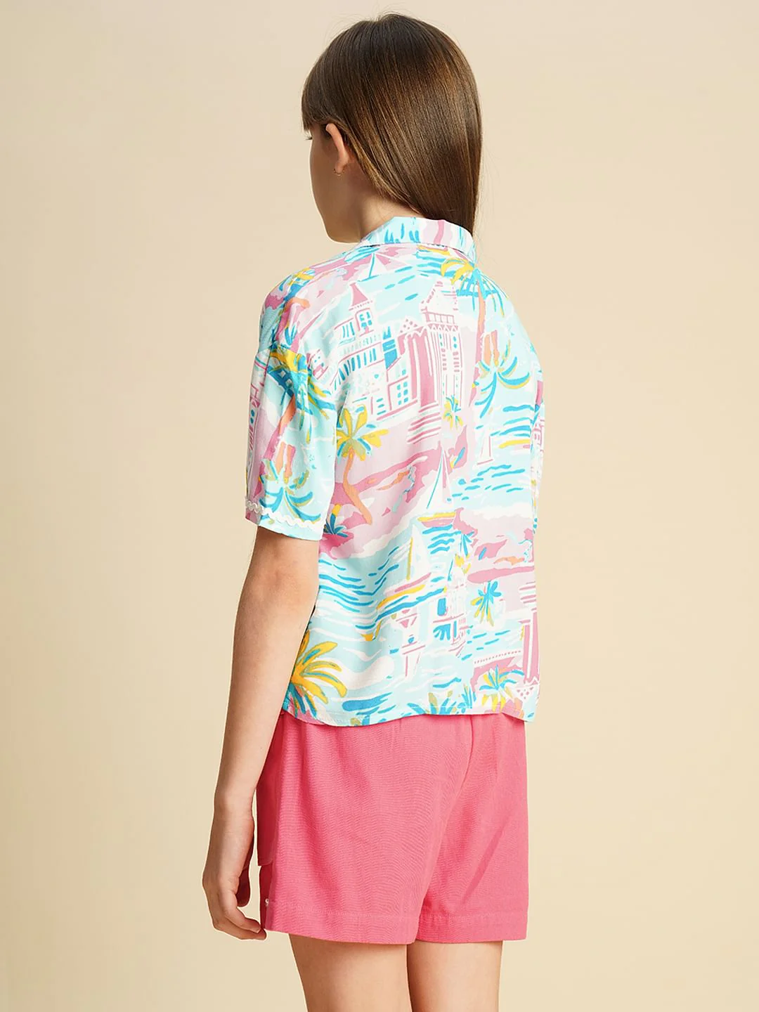 Girls Blue Printed Viscose Shirt - Image 3