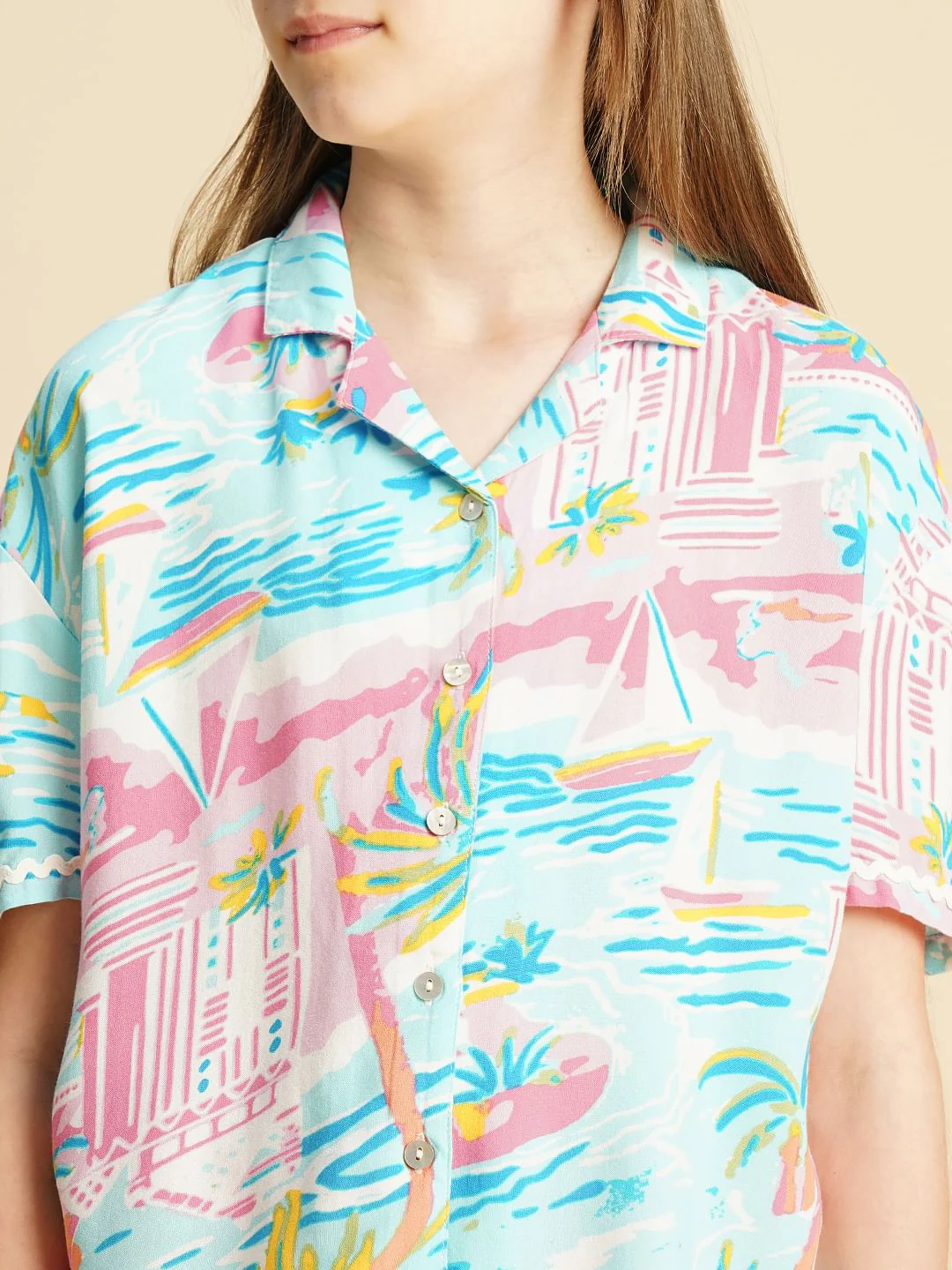 Girls Blue Printed Viscose Shirt - Image 4