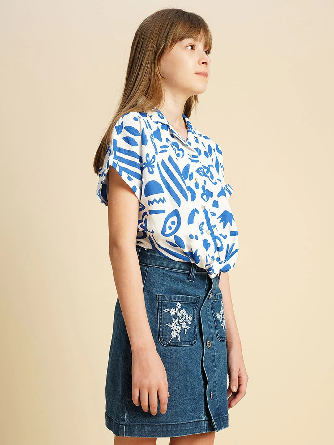 Girls Blue Printed Twisted Knot Shirt - Image 2