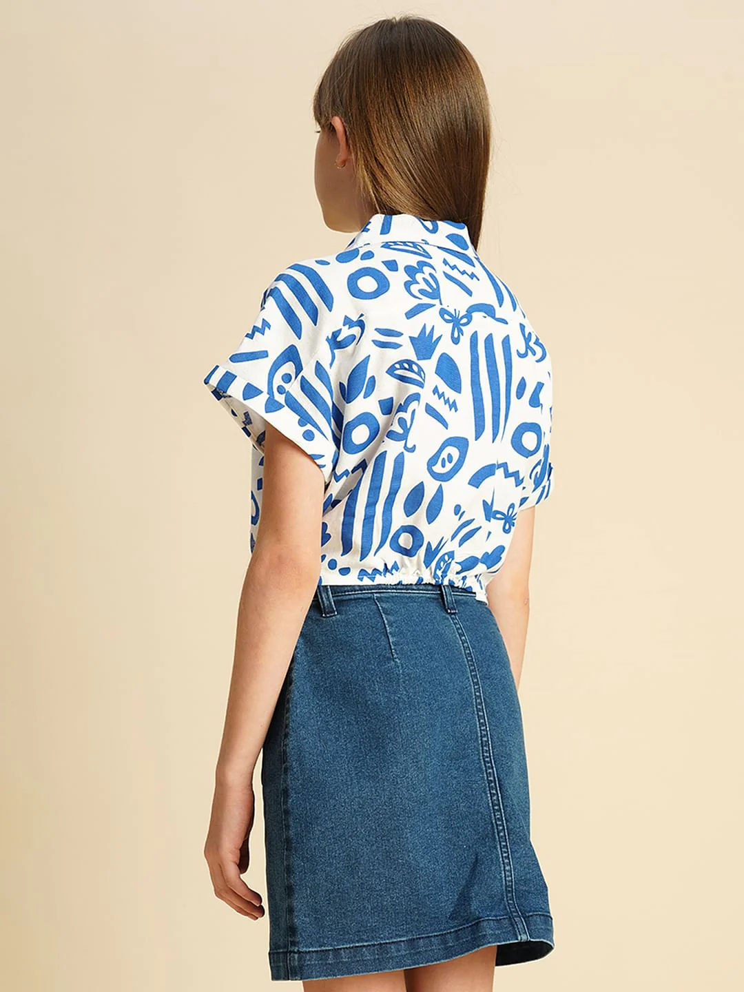 Girls Blue Printed Twisted Knot Shirt - Image 3