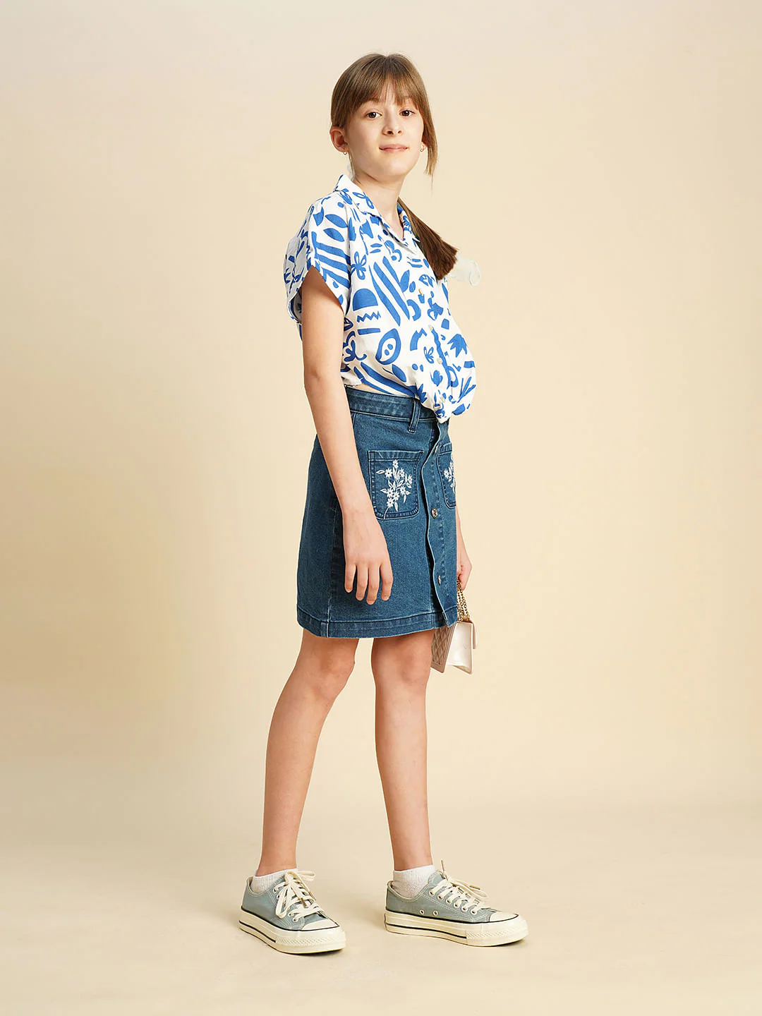 Girls Blue Printed Twisted Knot Shirt - Image 5
