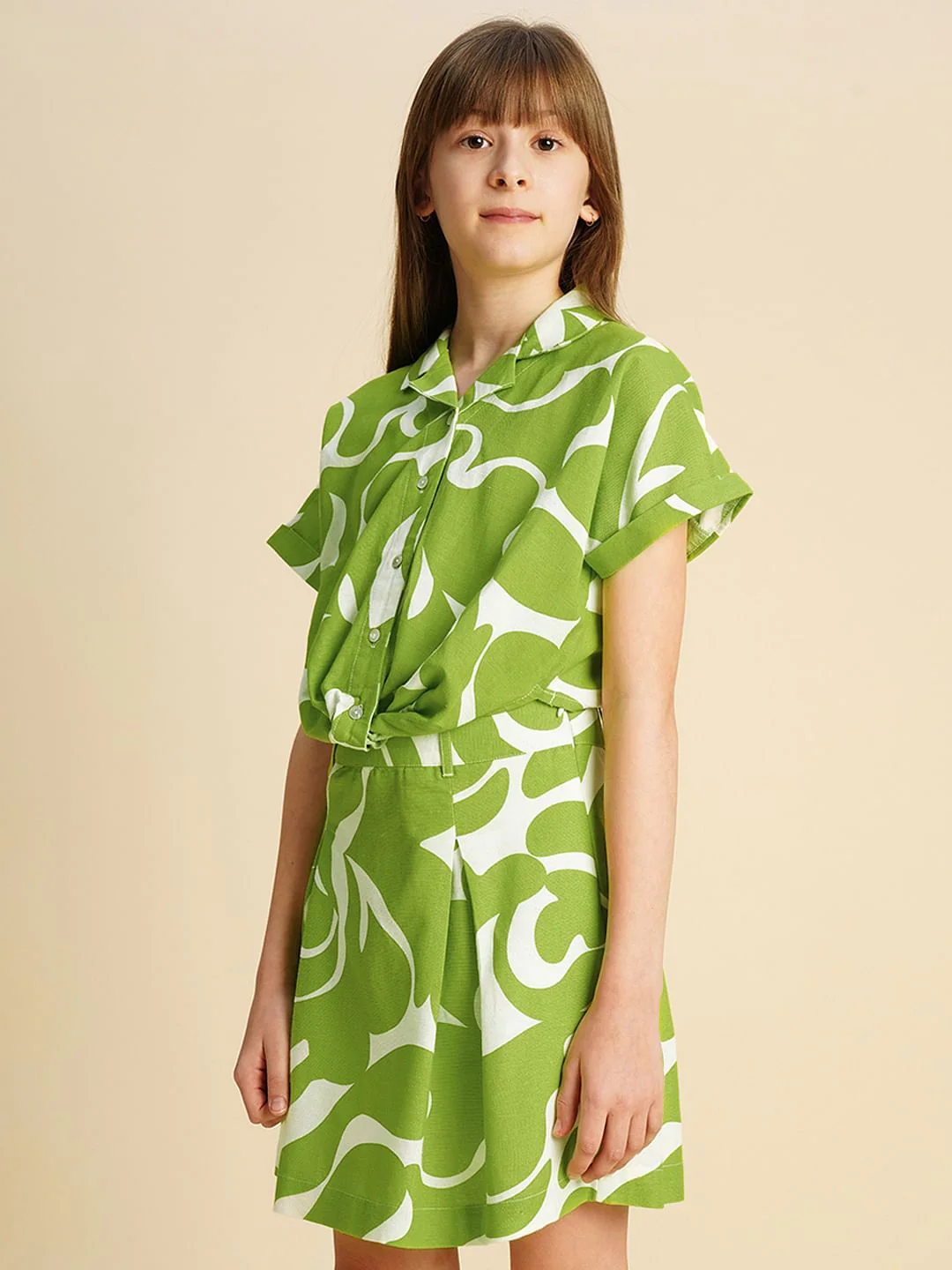 Girls Green Printed Twisted Knot Shirt - Image 2