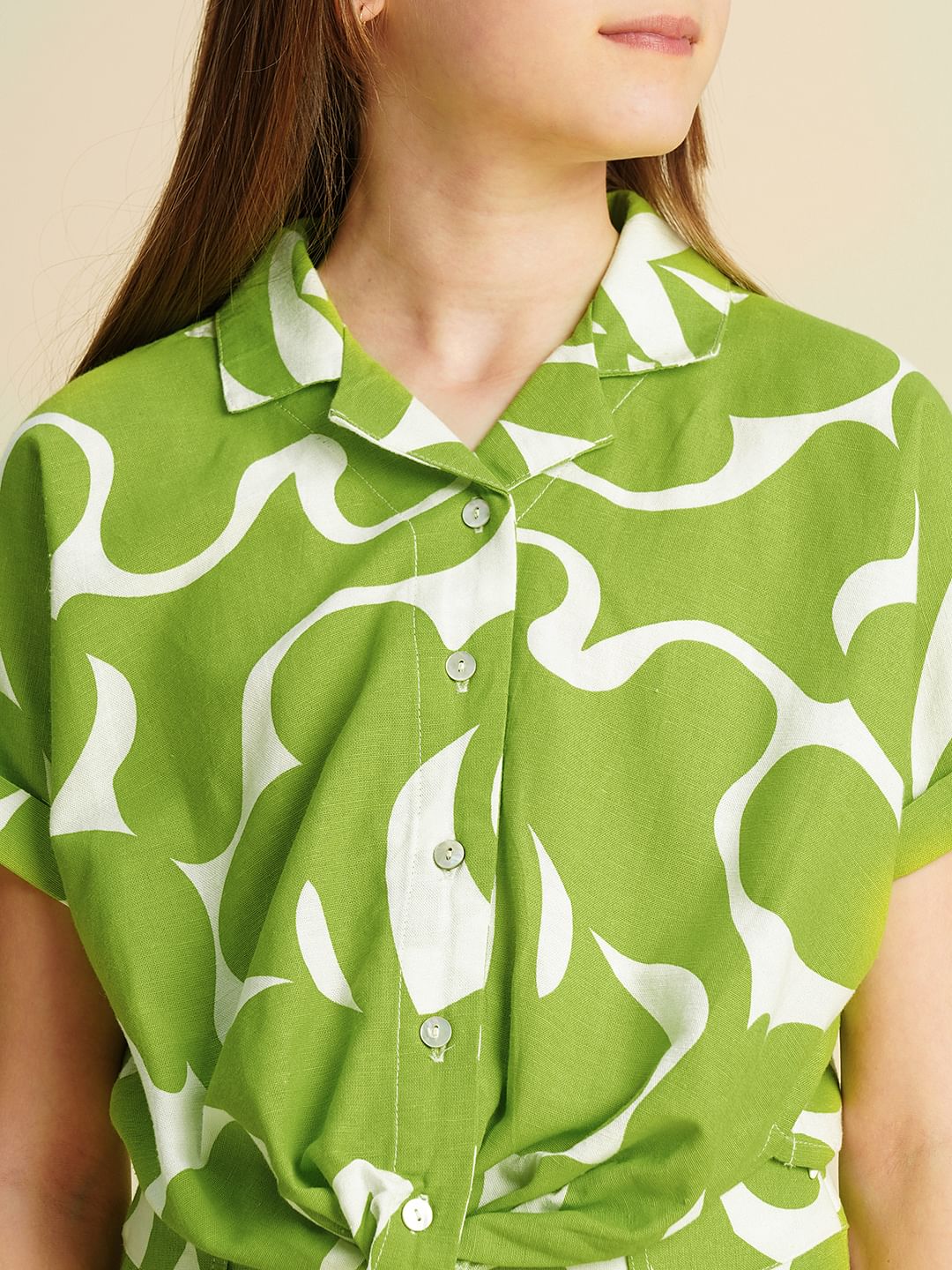 Girls Green Printed Twisted Knot Shirt - Image 4