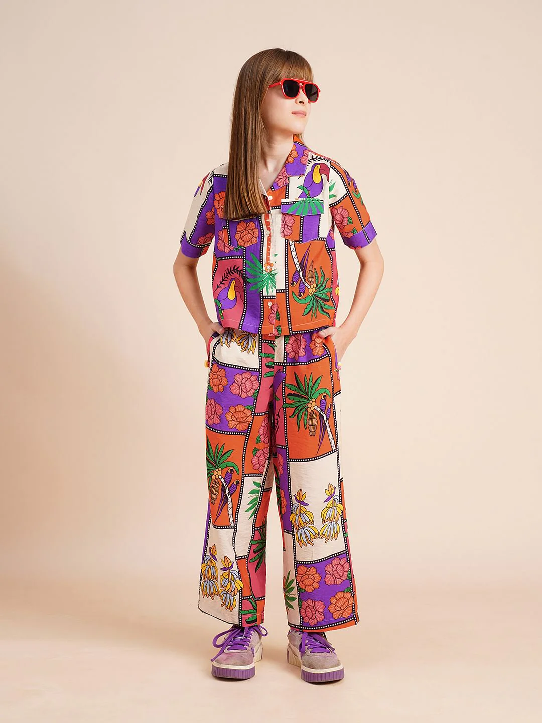 Girls Purple Printed Co-Ord Set Shirt - Image 5