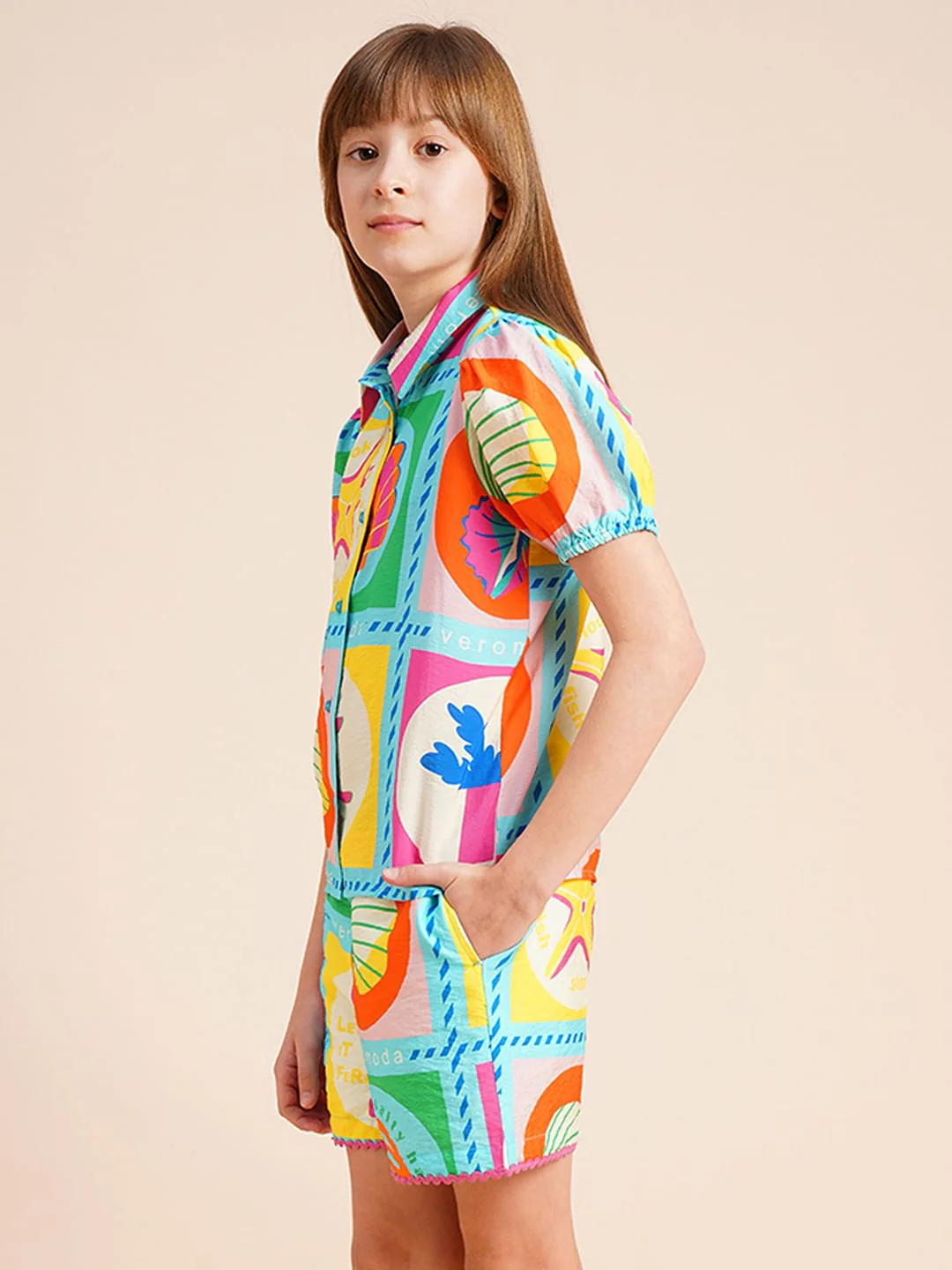 Girls Multi-Colour Printed Co-Ord Set Shirt - Image 2