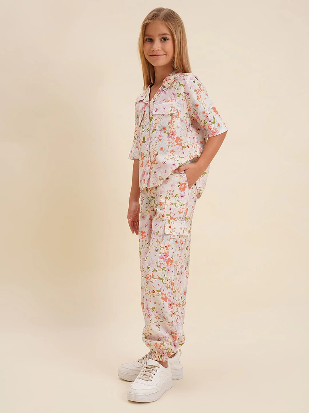 Girls White Floral Co-Ord Set Shirt - Image 2