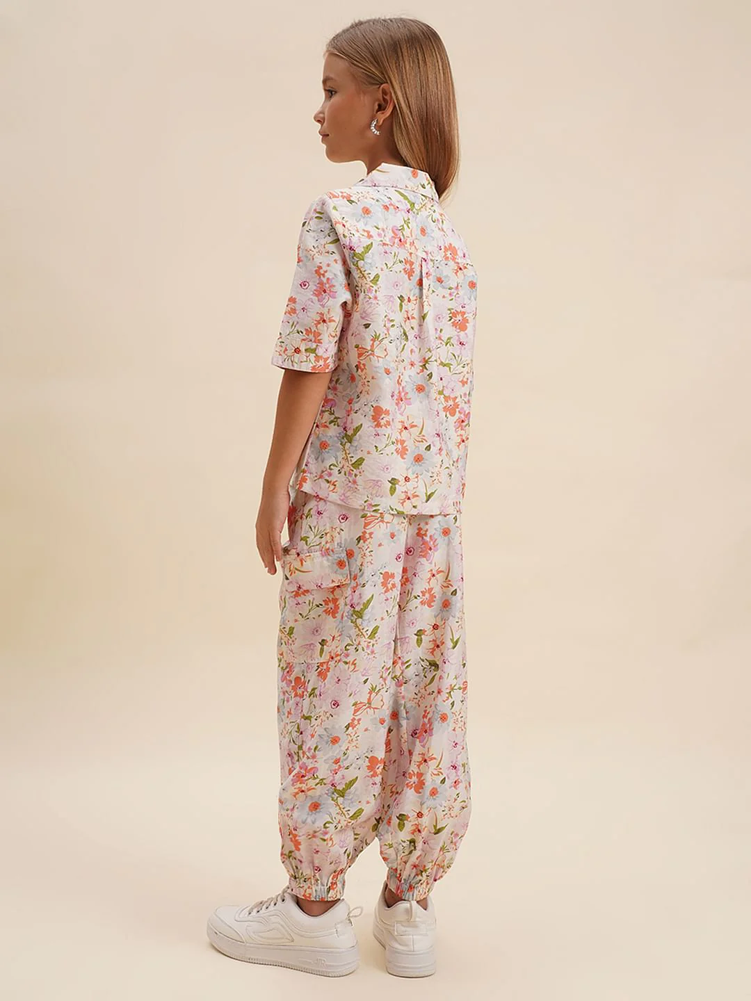 Girls White Floral Co-Ord Set Shirt - Image 3