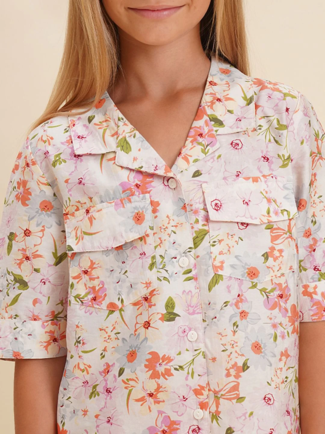 Girls White Floral Co-Ord Set Shirt - Image 4