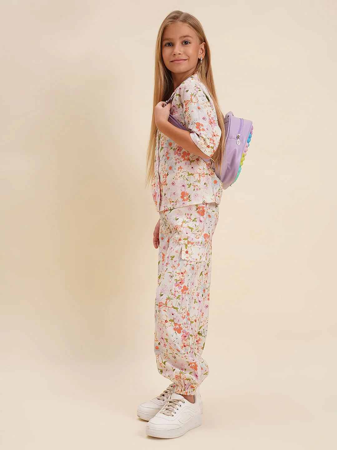 Girls White Floral Co-Ord Set Shirt - Image 5