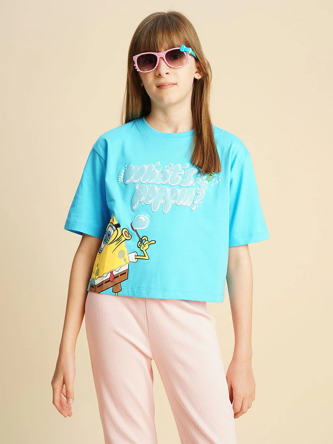 Girls Blue Spongebob Print T-Shirt