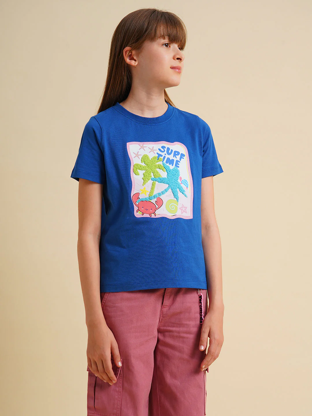 Girls Blue Cotton Printed T-Shirt - Image 2