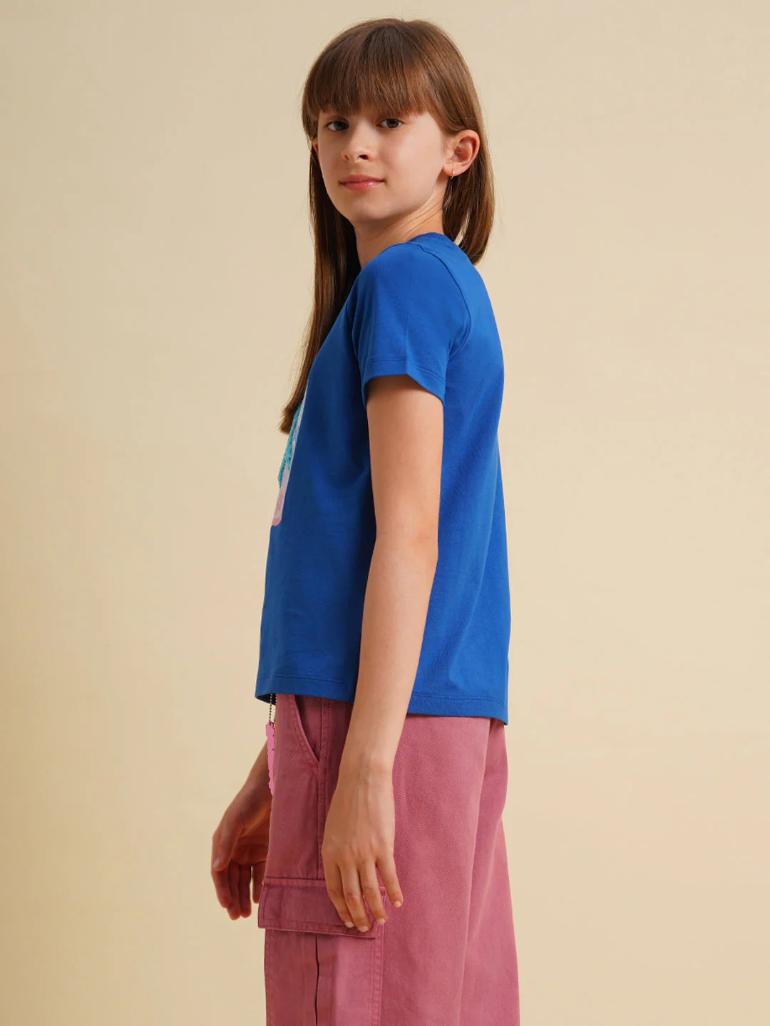 Girls Blue Cotton Printed T-Shirt - Image 3