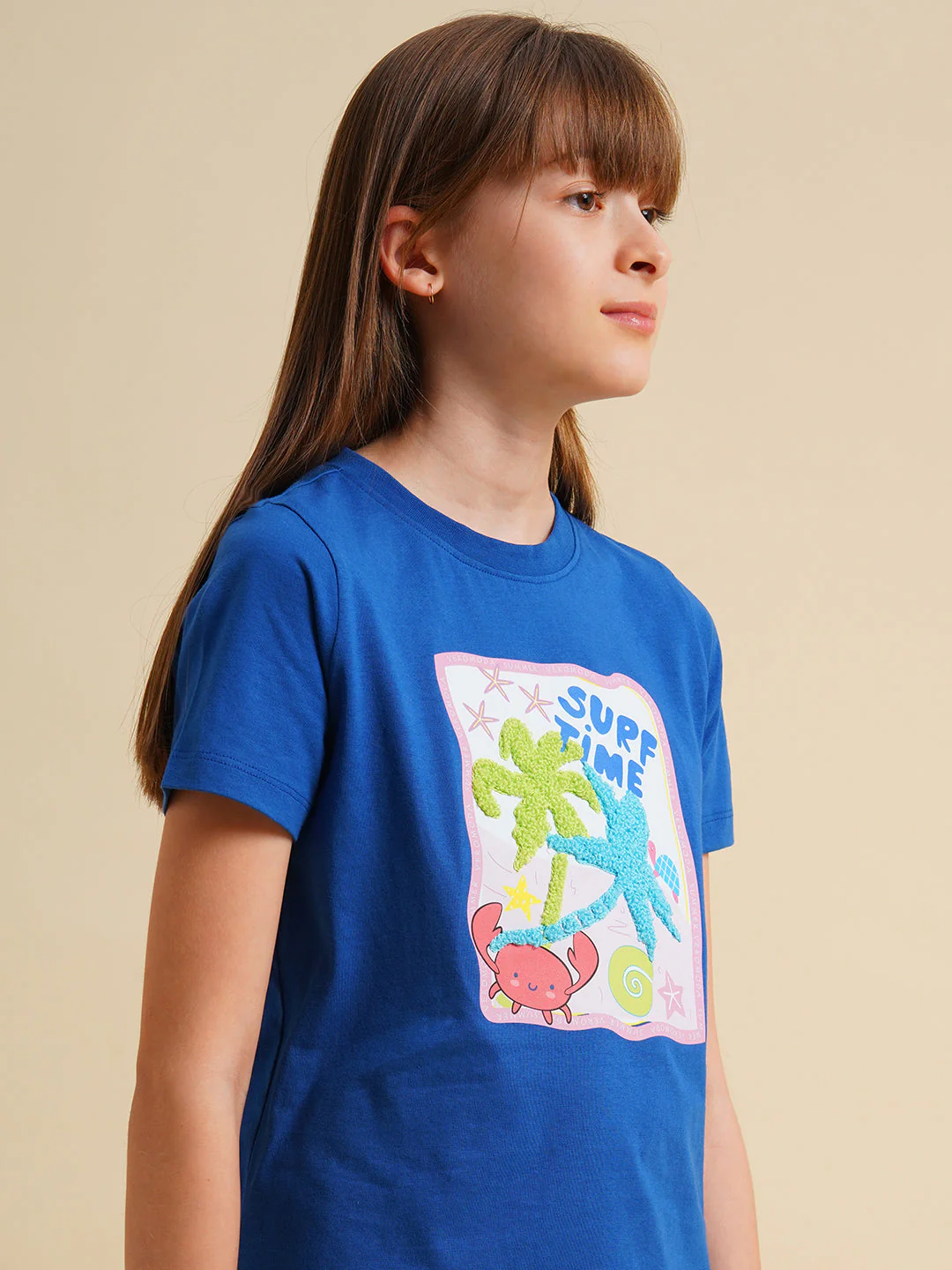 Girls Blue Cotton Printed T-Shirt - Image 4