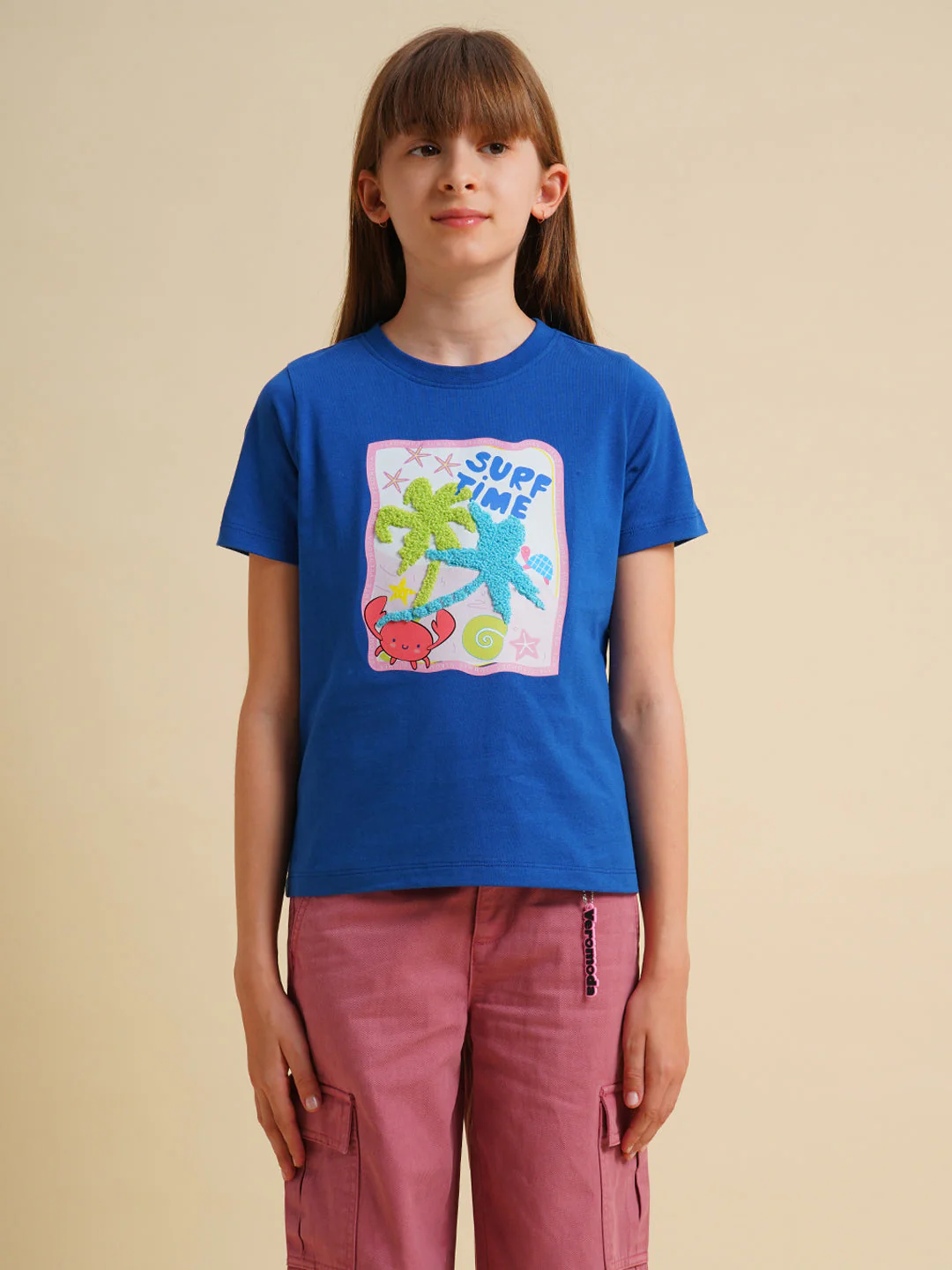 Girls Blue Cotton Printed T-Shirt - Image 7