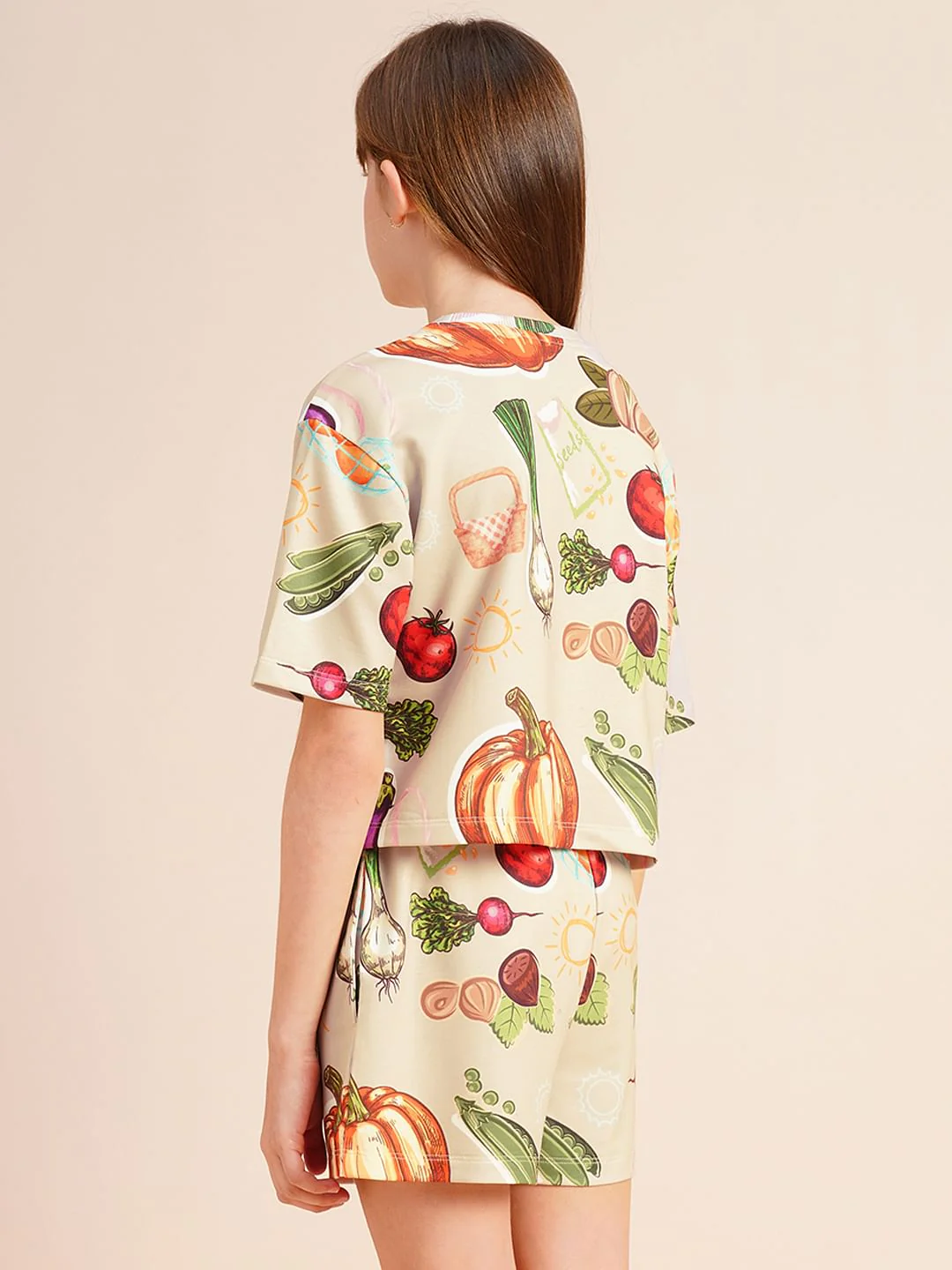 Girls Beige Veggies Print Co-Ord Set T-Shirt - Image 3