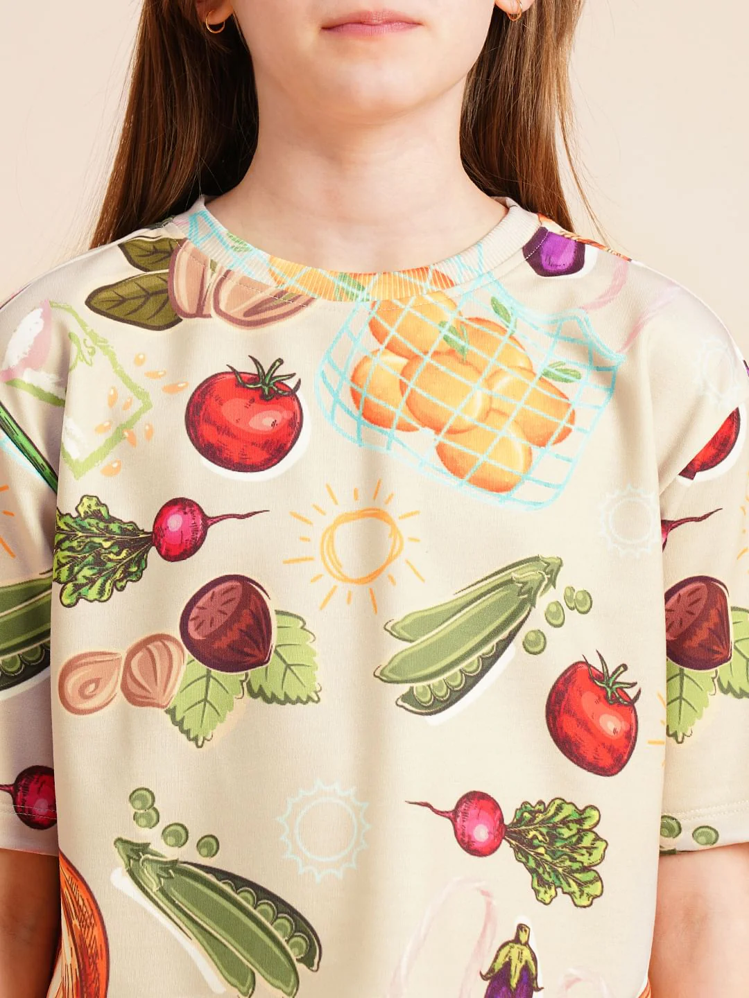 Girls Beige Veggies Print Co-Ord Set T-Shirt - Image 4