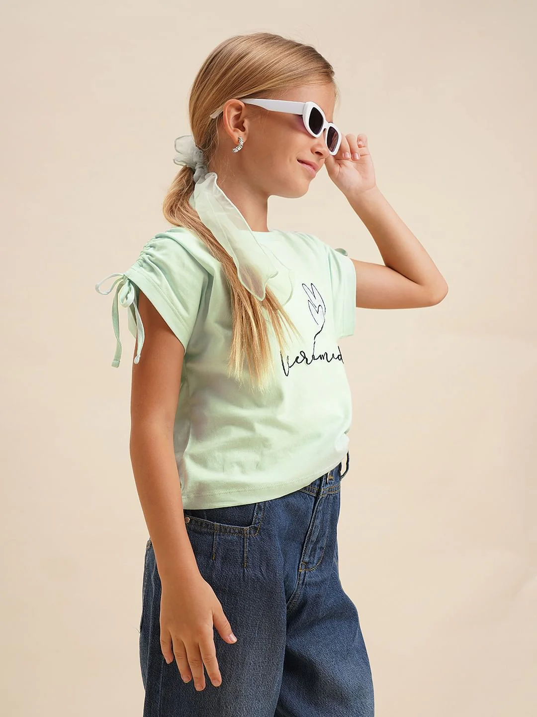 Girls Green Printed Cotton Oversized T-Shirt