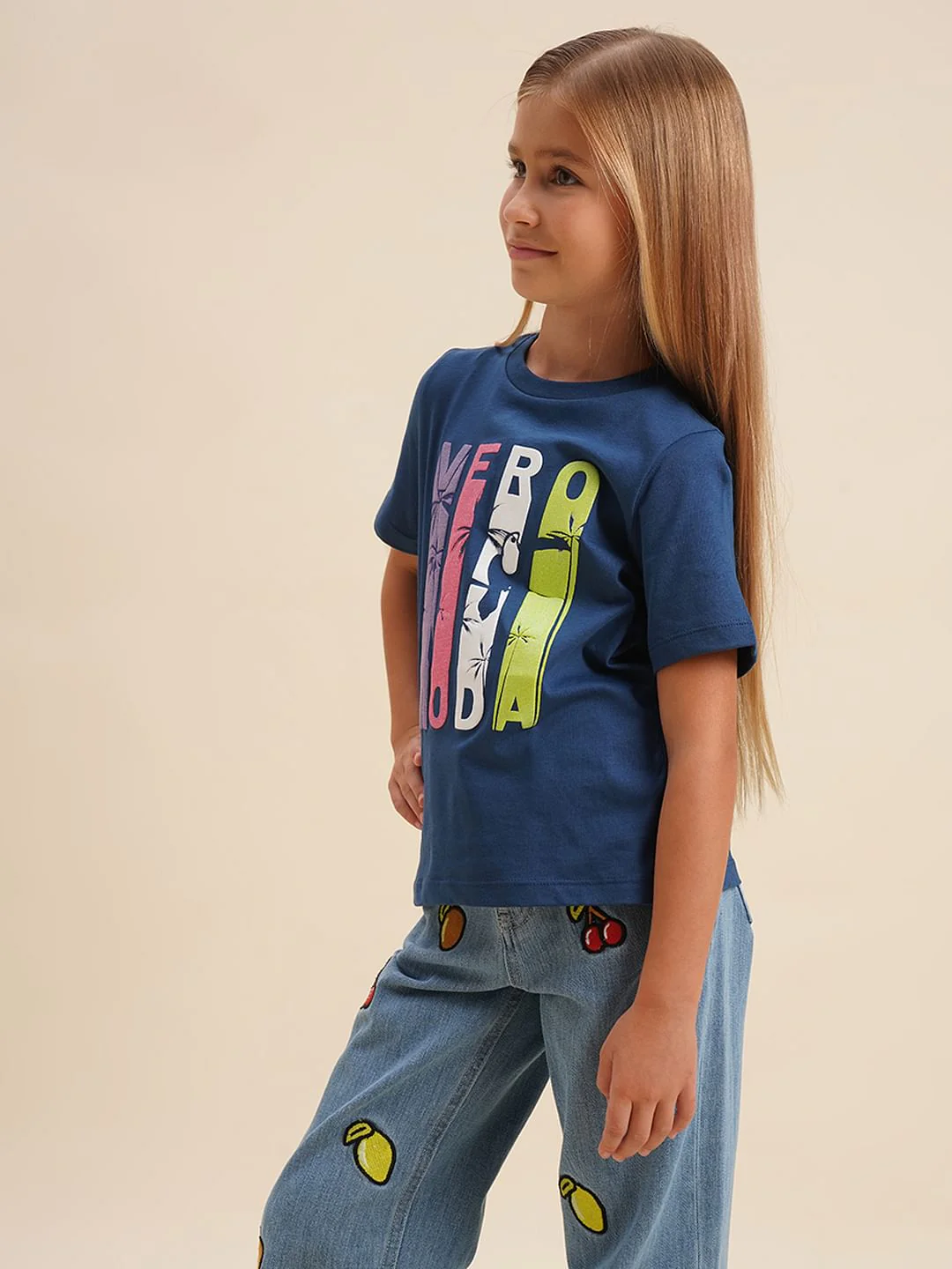 Girls Blue Printed Cotton T-Shirt - Image 2