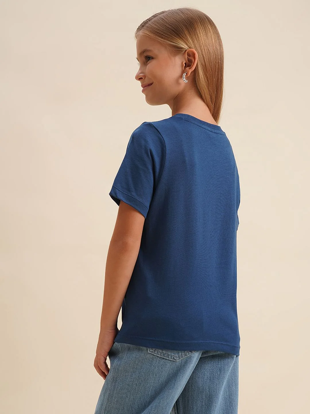 Girls Blue Printed Cotton T-Shirt - Image 3
