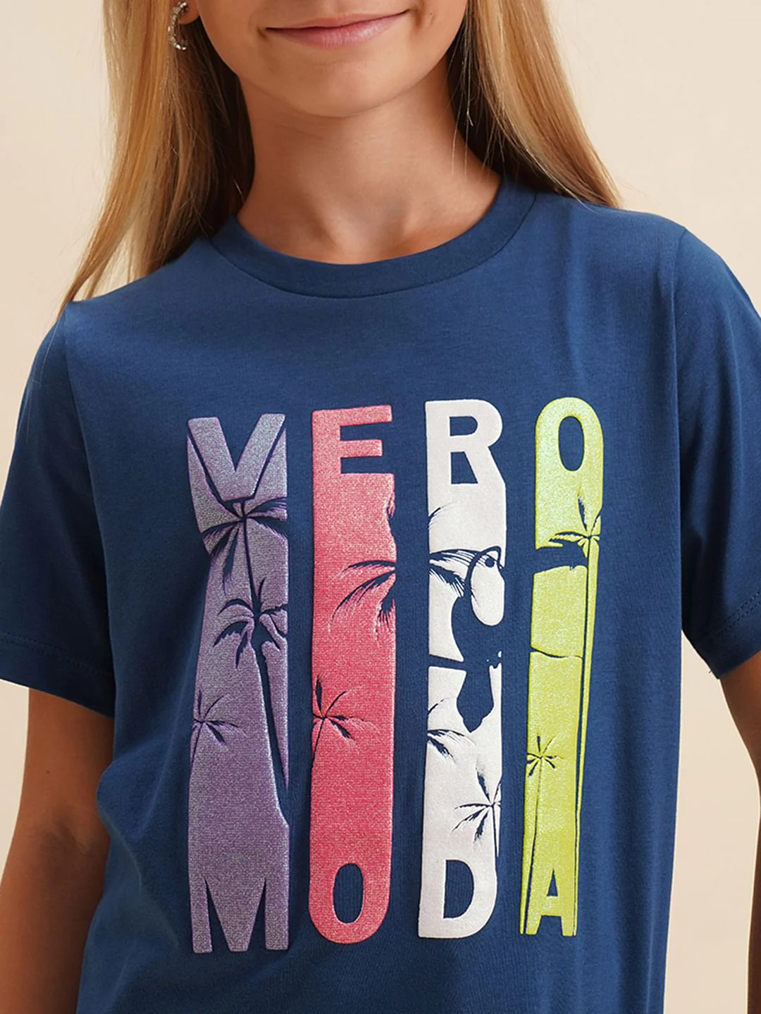 Girls Blue Printed Cotton T-Shirt - Image 4