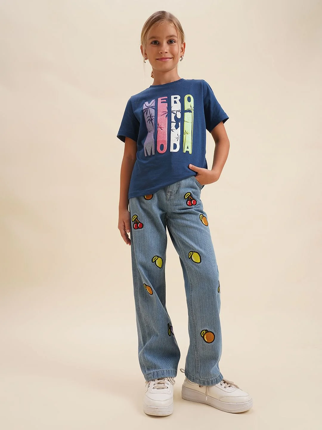 Girls Blue Printed Cotton T-Shirt - Image 5