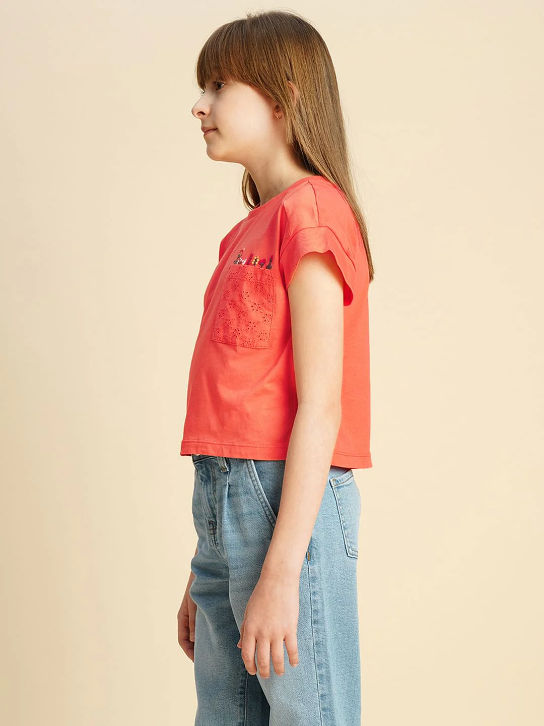 Girls Orange Embroidered Pocket T-Shirt - Image 2