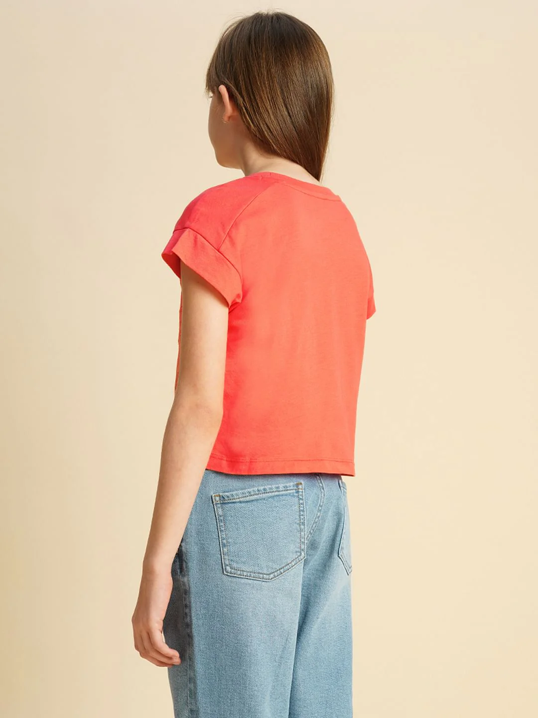 Girls Orange Embroidered Pocket T-Shirt - Image 3