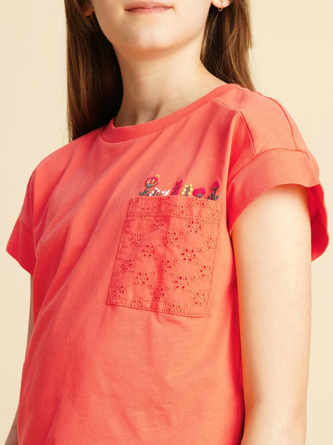Girls Orange Embroidered Pocket T-Shirt - Image 4
