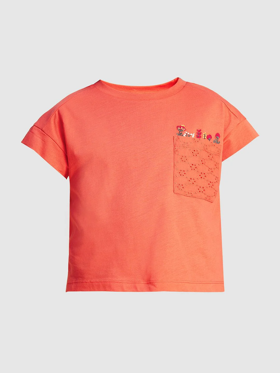 Girls Orange Embroidered Pocket T-Shirt - Image 6