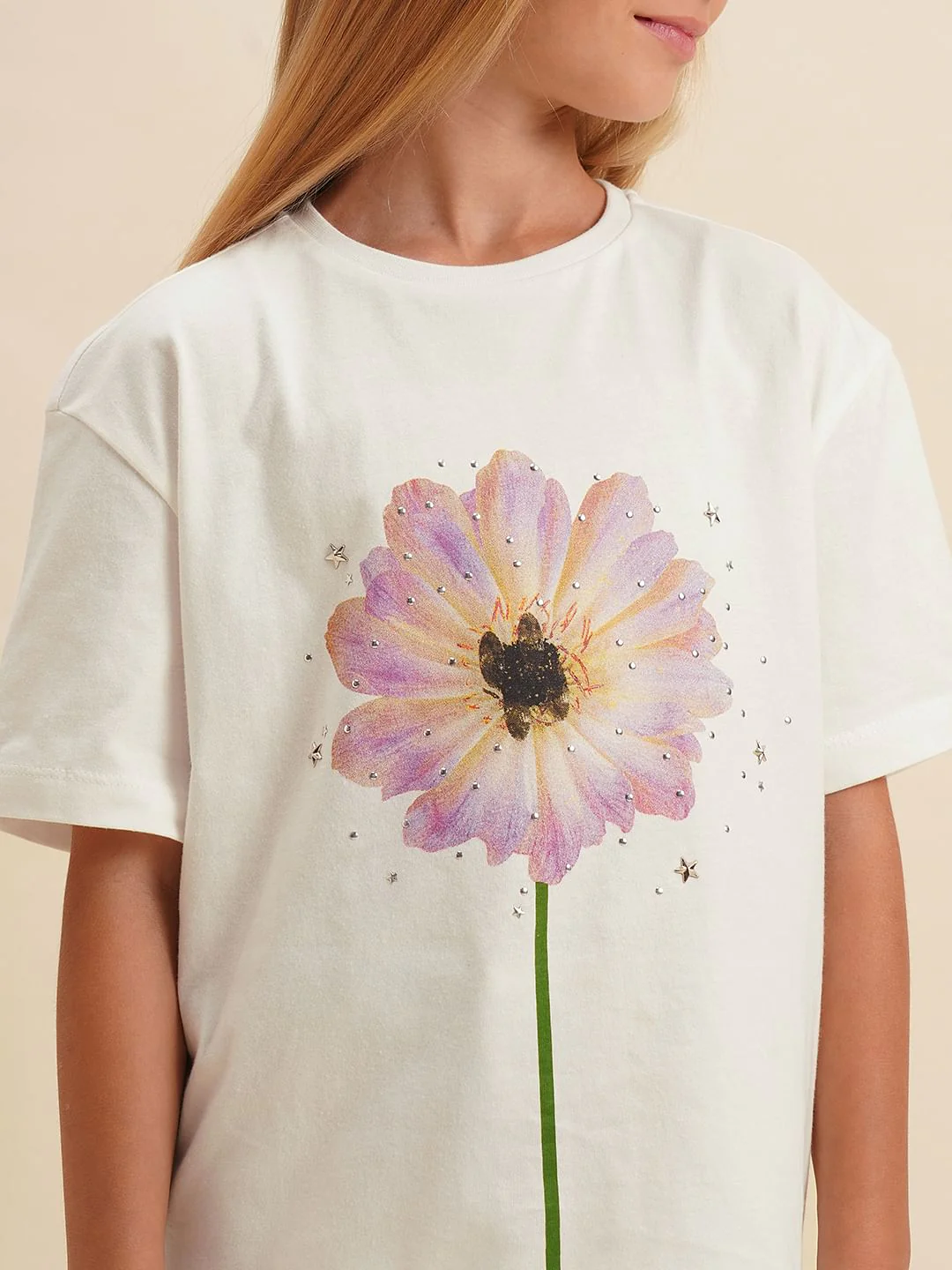 Girls White Floral Cotton T-Shirt - Image 4
