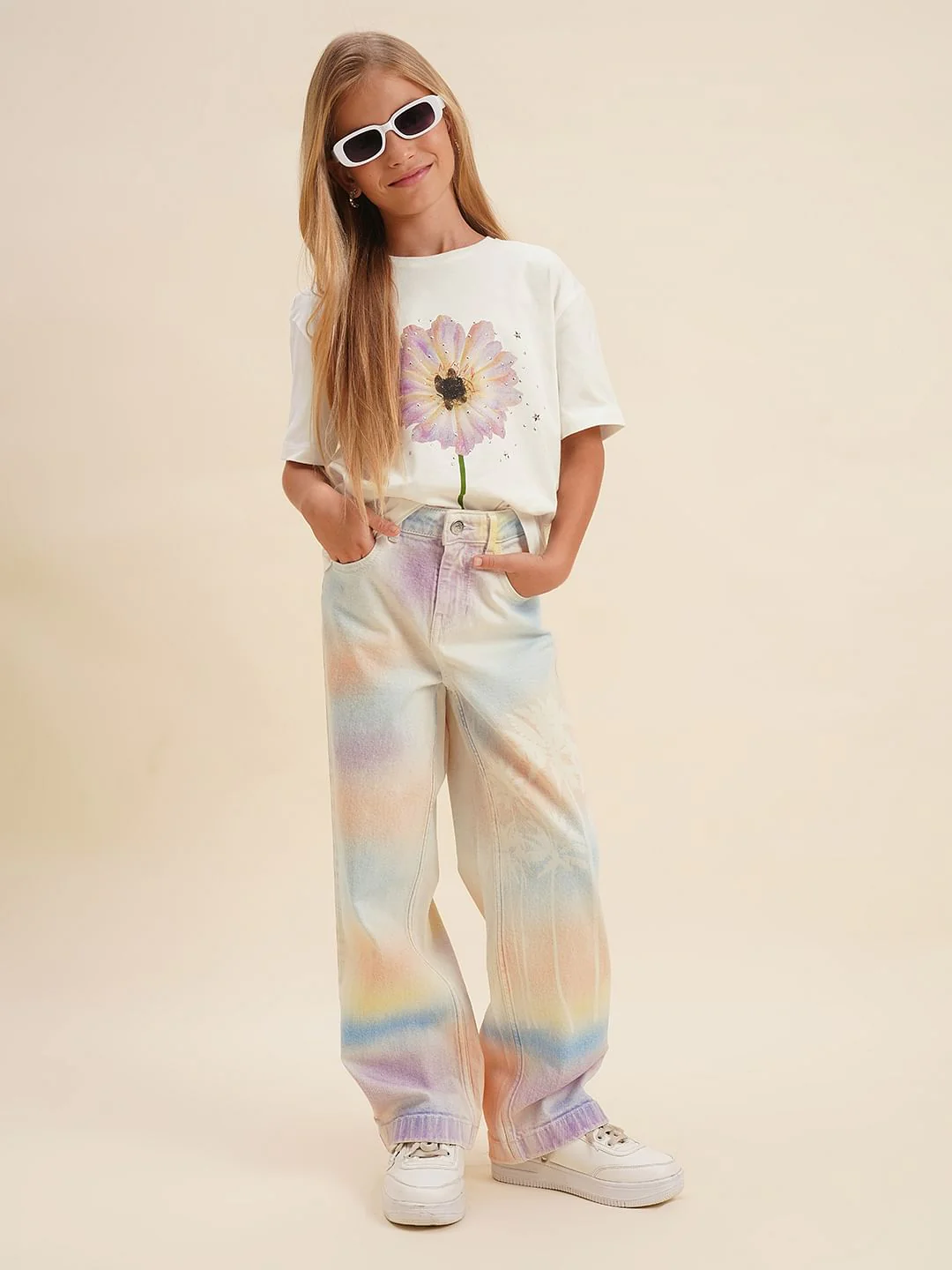 Girls White Floral Cotton T-Shirt - Image 5