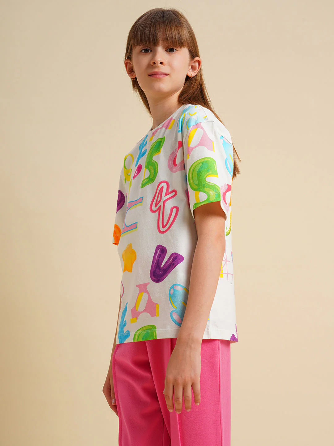 Girls White Printed Cotton T-shirt - Image 2