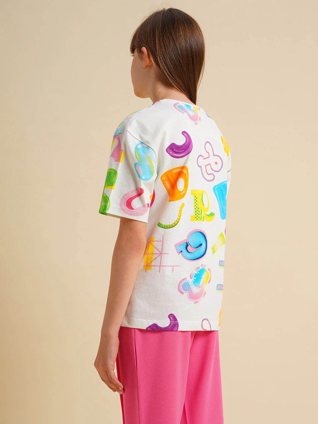Girls White Printed Cotton T-shirt - Image 3
