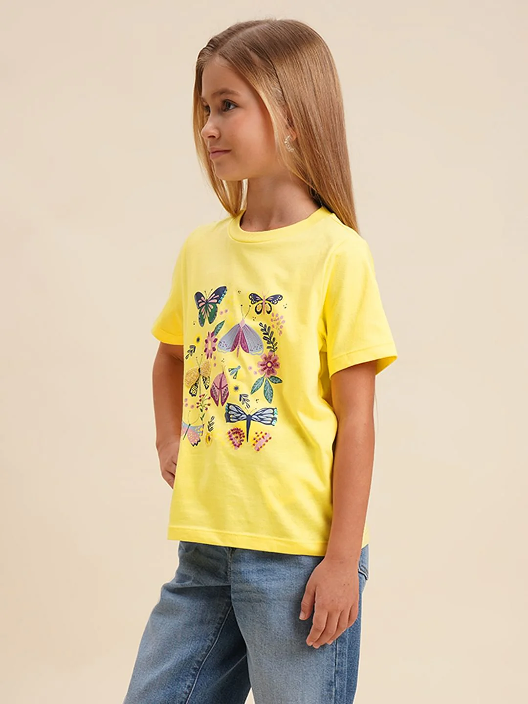 Girls Yellow Butterfly Print Cotton T-Shirt - Image 2