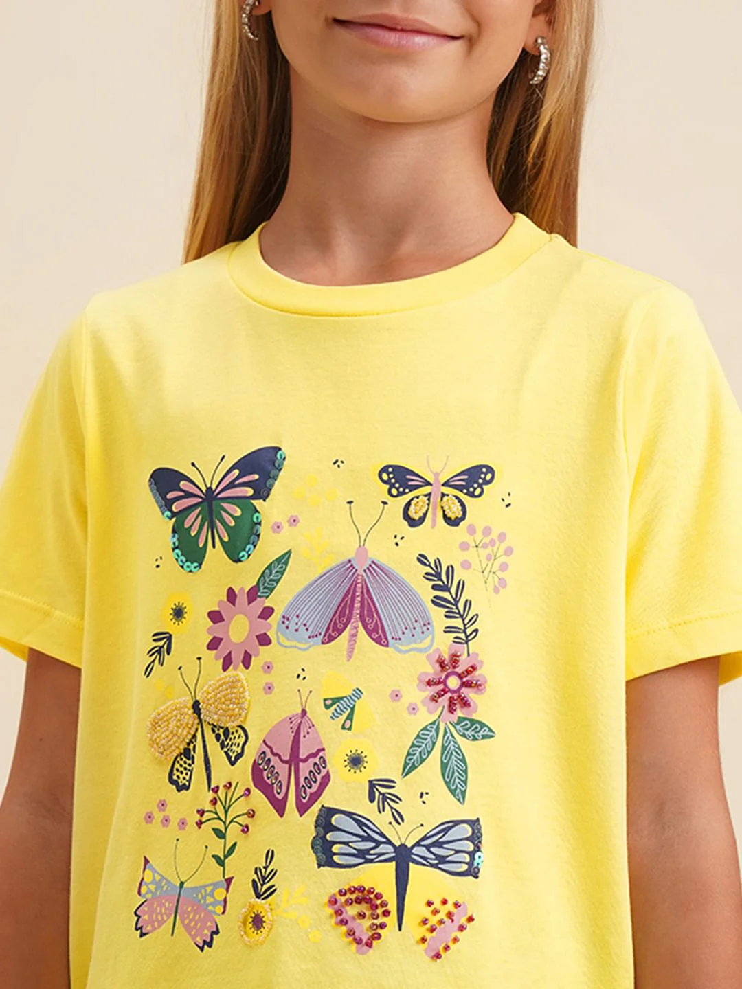 Girls Yellow Butterfly Print Cotton T-Shirt - Image 4