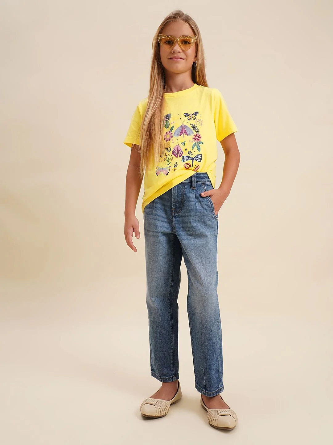 Girls Yellow Butterfly Print Cotton T-Shirt - Image 5