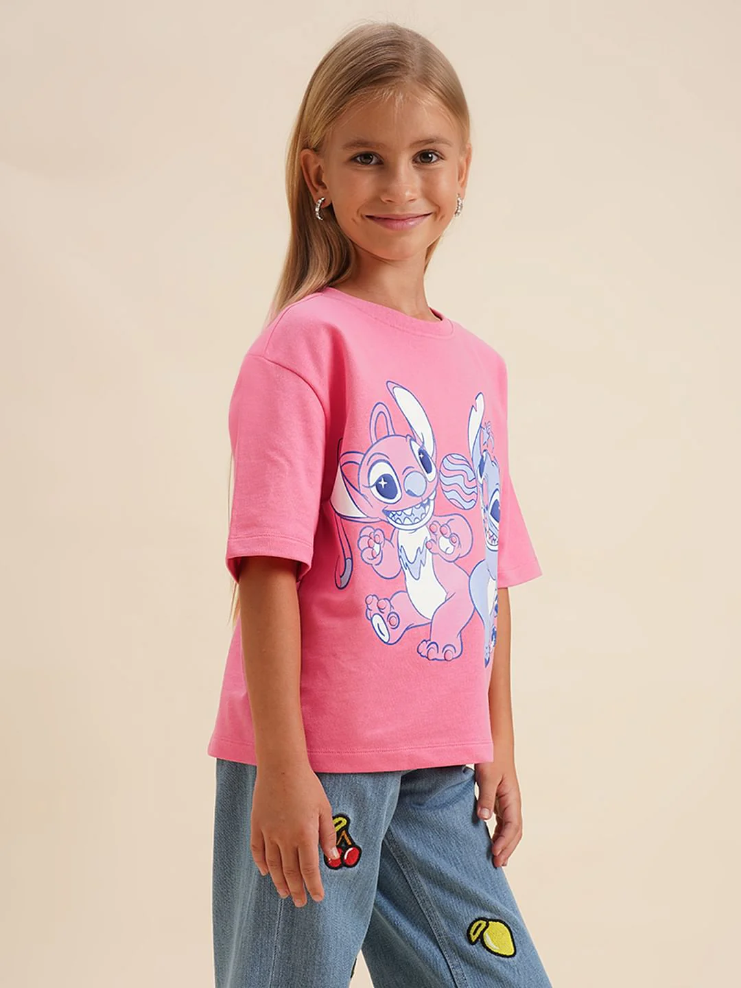 Girls Pink Stitch Graphic Print Oversized T-Shirt - Image 2