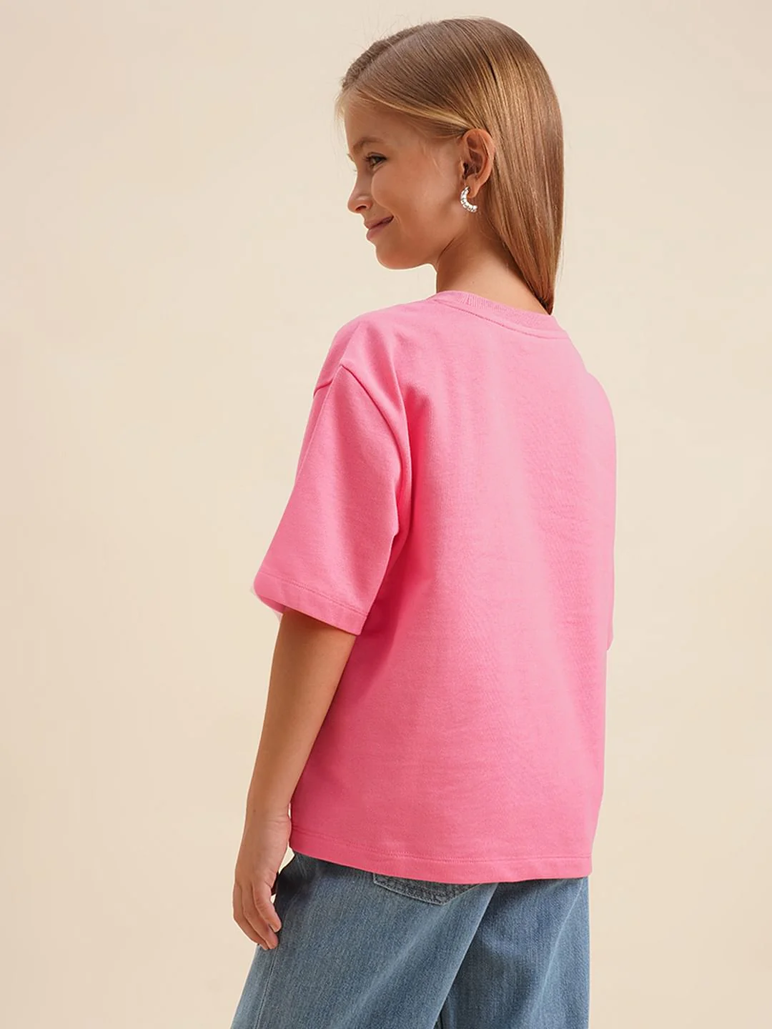 Girls Pink Stitch Graphic Print Oversized T-Shirt - Image 3