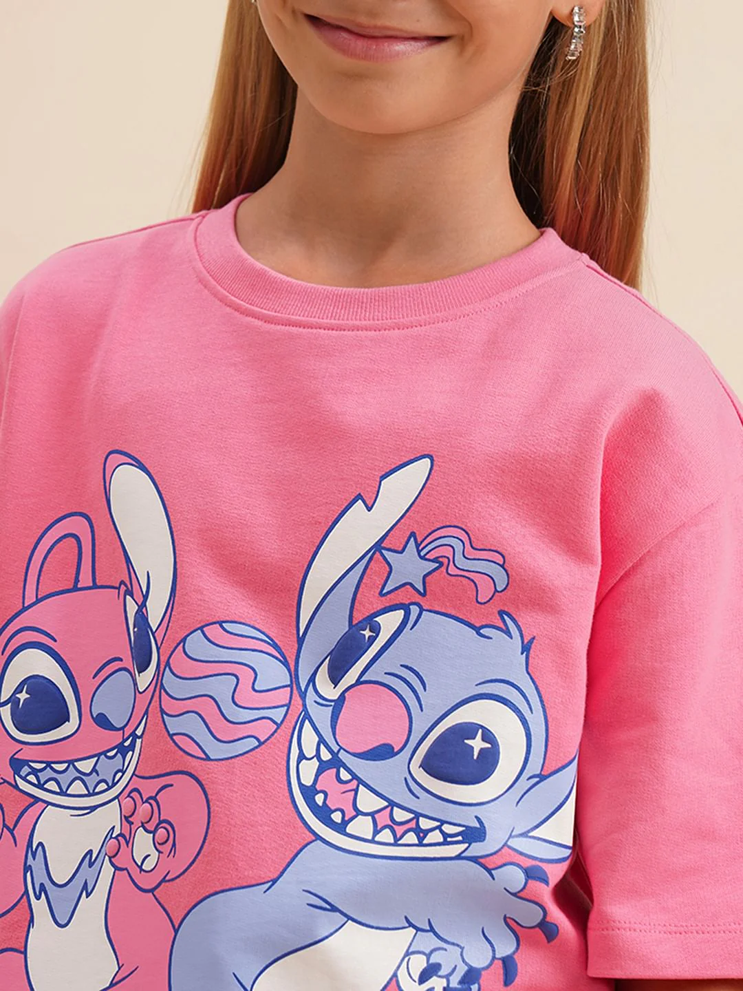 Girls Pink Stitch Graphic Print Oversized T-Shirt - Image 4