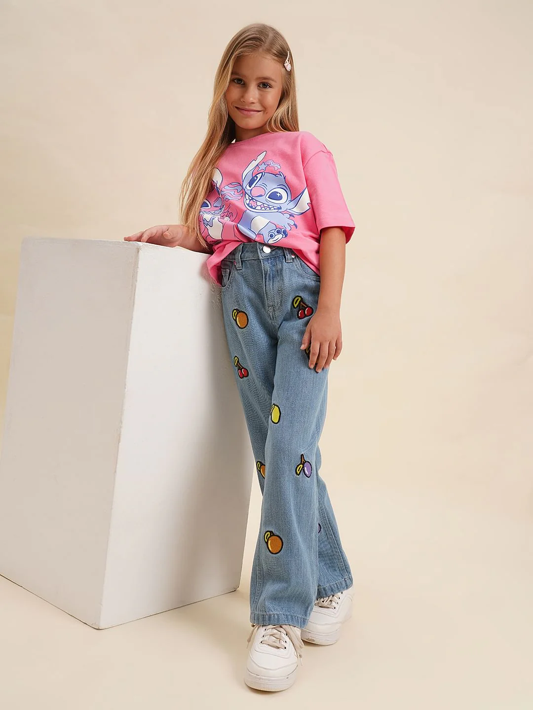 Girls Pink Stitch Graphic Print Oversized T-Shirt - Image 5