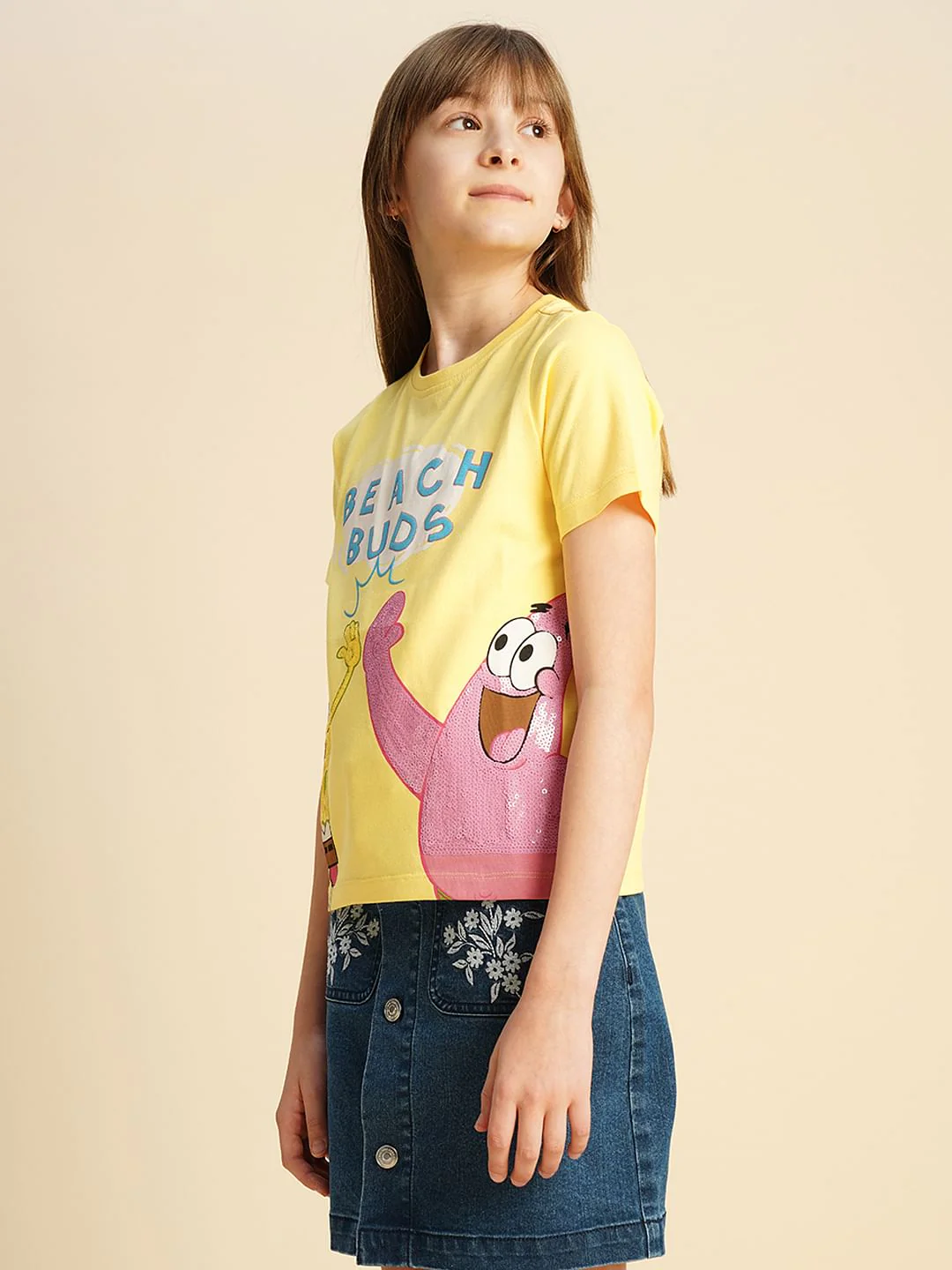 Girls Yellow Spongebob & Patrick Applique T-Shirt - Image 2