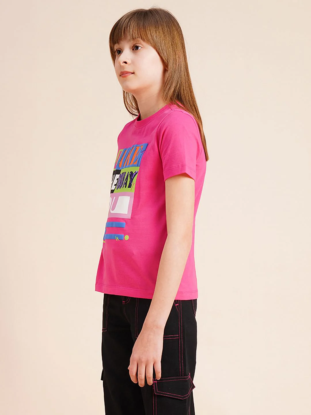 Girls Pink Typographic Print Cotton T-Shirt - Image 2