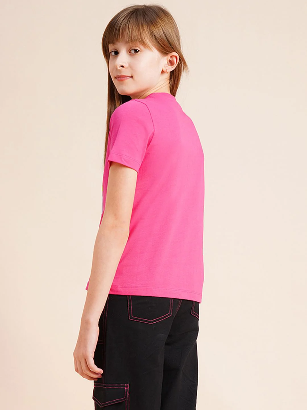 Girls Pink Typographic Print Cotton T-Shirt - Image 3