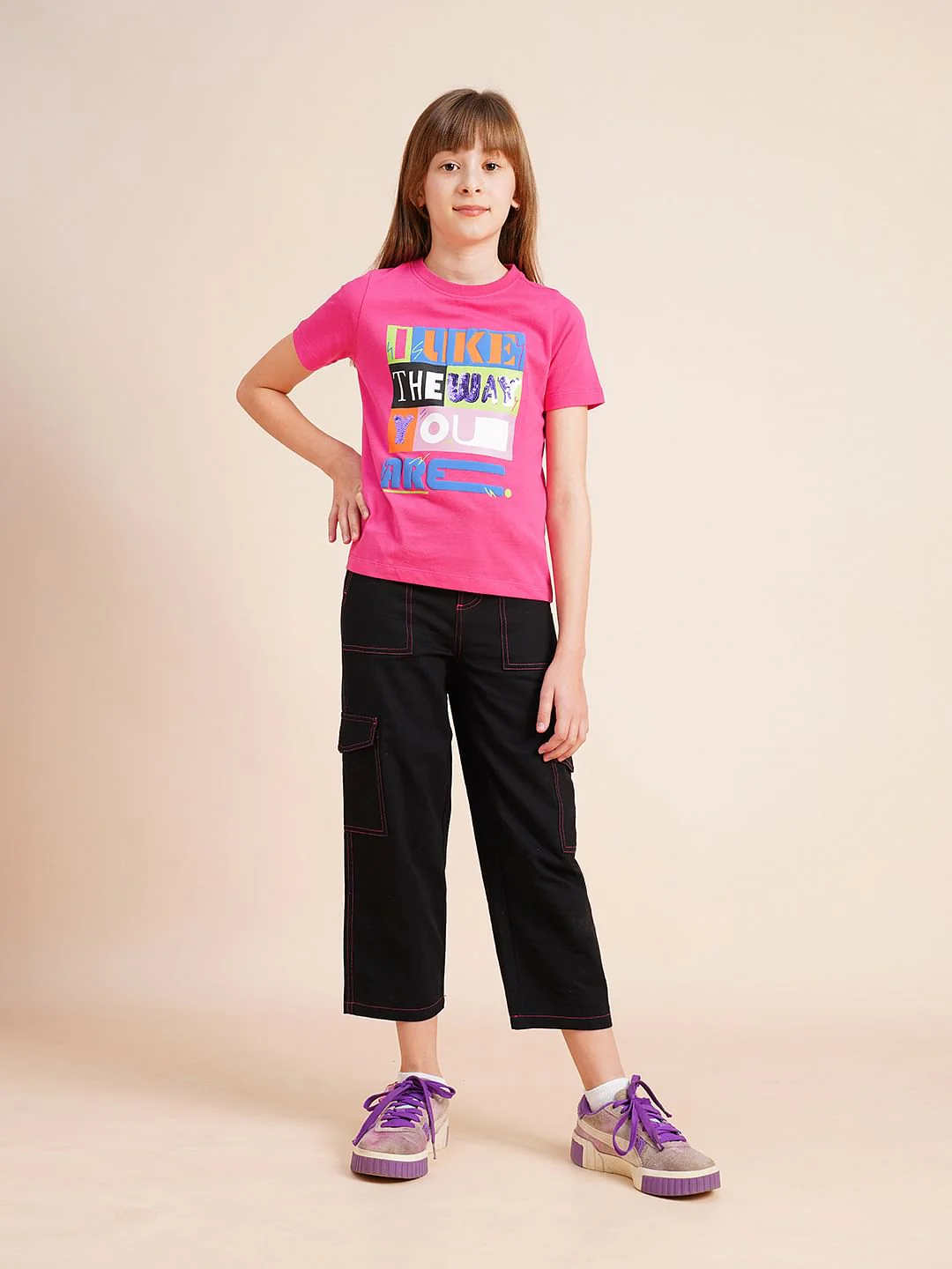 Girls Pink Typographic Print Cotton T-Shirt - Image 5