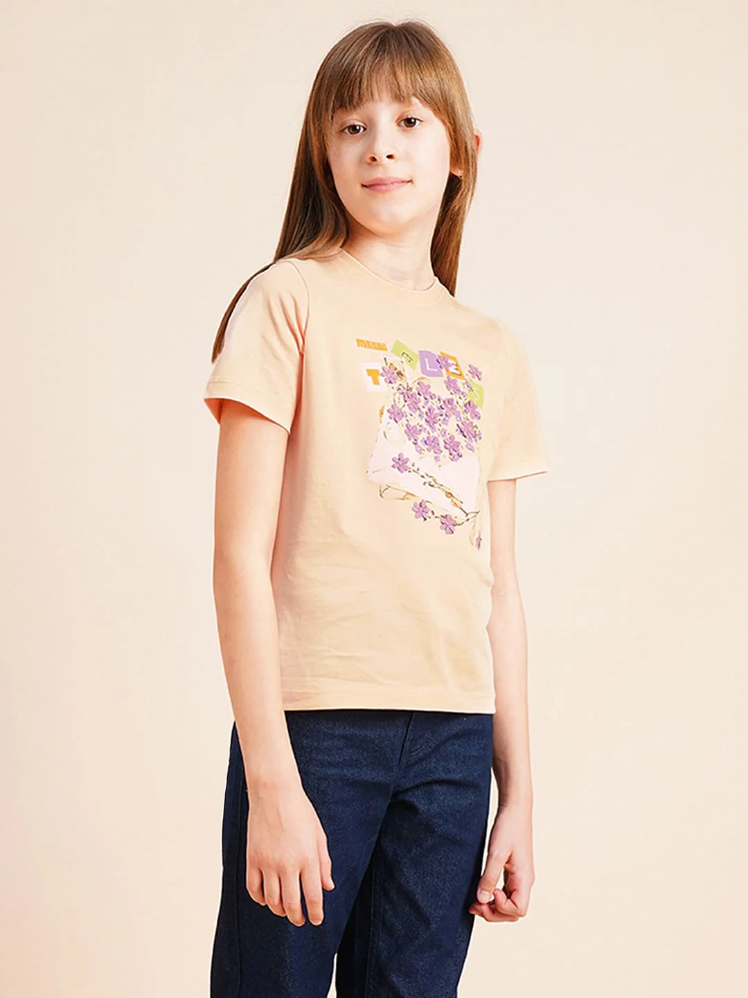 Girls Peach Printed Cotton T-Shirt - Image 2