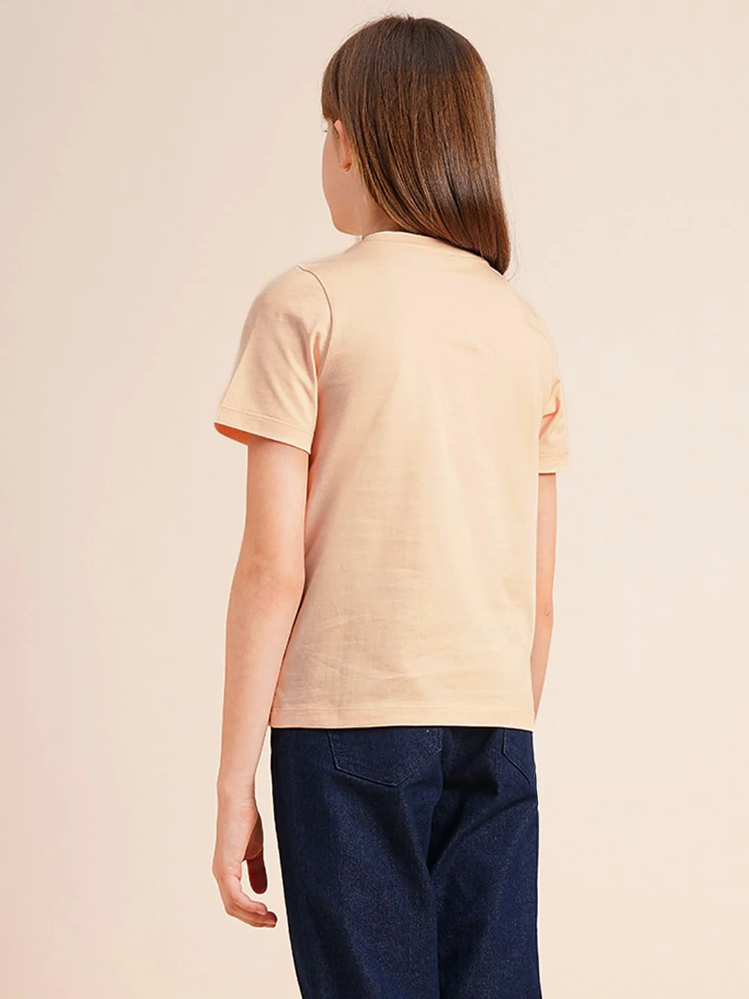Girls Peach Printed Cotton T-Shirt - Image 3
