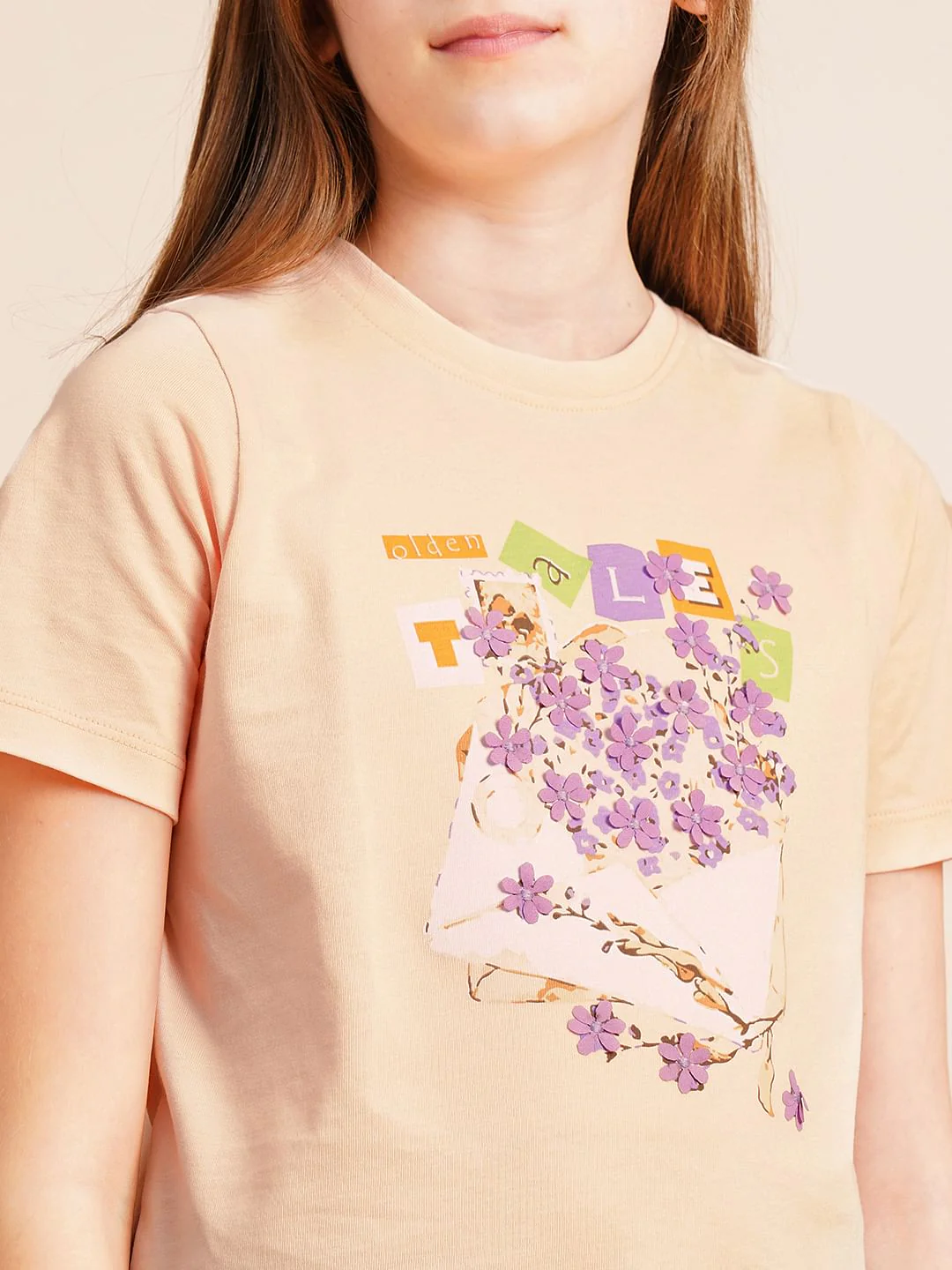 Girls Peach Printed Cotton T-Shirt - Image 4