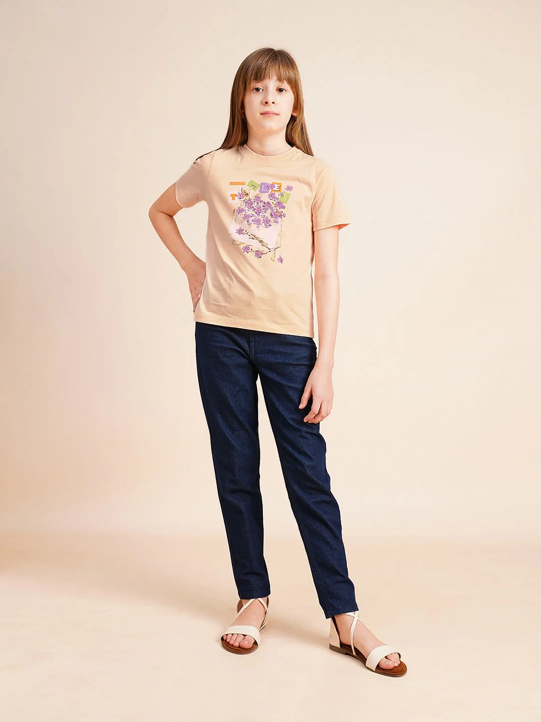 Girls Peach Printed Cotton T-Shirt - Image 5