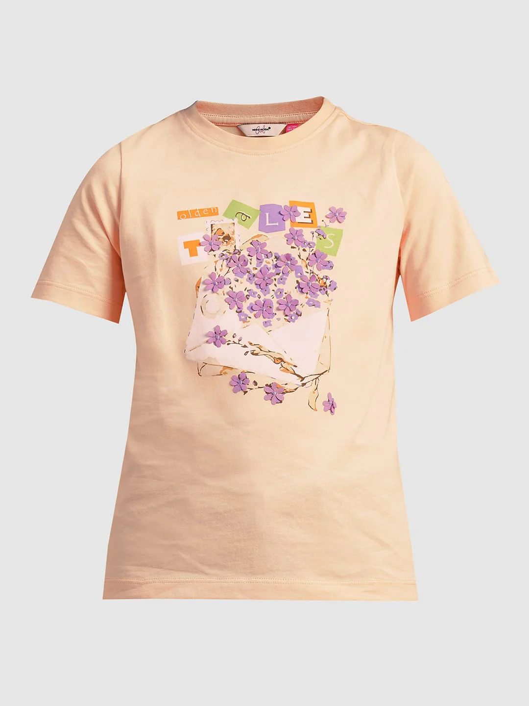 Girls Peach Printed Cotton T-Shirt - Image 6